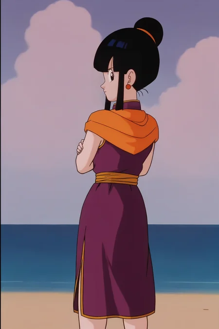 source_anime, score_9, score_8_up, score_7_up, anime screencap,8k, absurd res,
chi-chi, 1girl, solo, looking at viewer, bangs, black hair, blue sky, looking back, standing, full body, sidelocks, earrings, blunt bangs, hair bun, black eyes, red bracelet, crossed arms, single hair bun, purple dress, orange neckerchief, orange sash, sleeveless, island, ocean, sand, from behind
<lora:chichi_pony_v2:0.8>