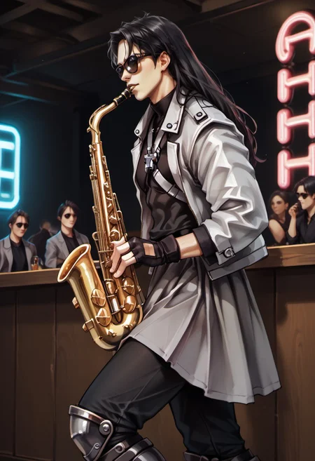 score_9, score_8_up, score_7_up, SH_S4X, hugbaldw, cutoff jacket, body harness with holy cross design, long black hair, charcoal greaves, gray skirt, black shirt, black pants, black fingerless gloves, long legs, slender legs, playing saxophone, wearing sunglasses, indoors, on stage, bar, neon sign