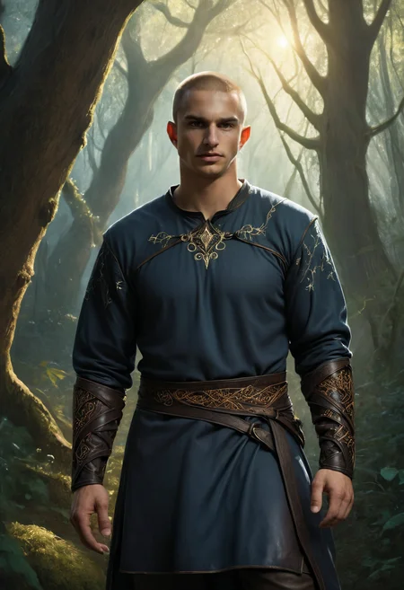 <lora:gavin_croghan_sdxl-000010:1> gavinperson, standing in an enchanted forest, wearing a tight dark embroidered tunic and leather armguards, a faint magical aura surrounding him, soft ambient light filtering through the trees, cinematic fantasy atmosphere, ethereal glow, fantasy character portrait, fine art painting style, photorealistic with painterly texture, extremely high quality image, HDR, fantasy, photo Centered in Perfect Composition, Complex Details Showing Unique and Enchanting Elements, Very Detailed Digital Painting, Golden Ratio, Dramatic Lighting, Very Realistic