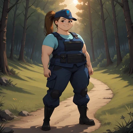 score_9, score_8, BREAK, solo, body armor, 1girl, light cyan shirt, dark blue cargo pants, boots, plump, brown hair, ponytail, black eyes, cap with a symbol, breasts, total drama, MacArthur_(Total_Drama), tdtrr, cute, sexy pose, self portrait, smile, outdoors, sunlight, shadows, evening lighting, natural lighting, forest, trees, grass, orange sky, sunset