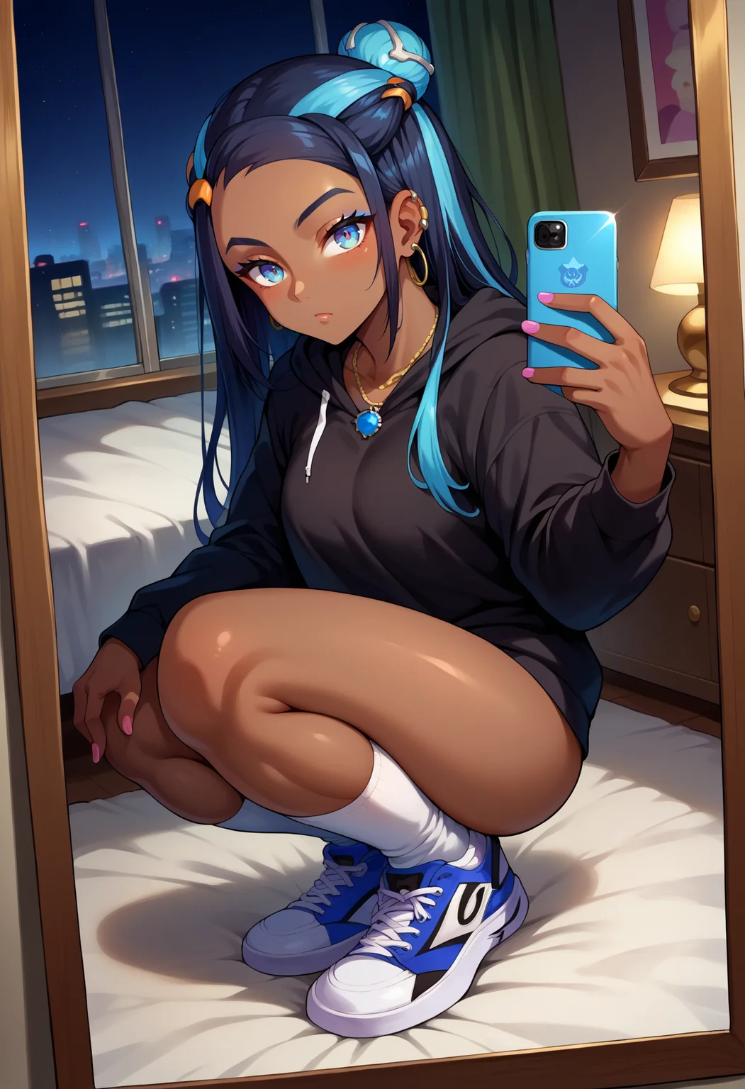 score_9, score_8_up,score_7_up, source_anime, 1girl, solo, <lora:EPpkNessa-08:1>, EPpkNessa, blue eyes, black hair, blue hair, streaked hair, single hair bun, dark skin, dark-skinned female, necklace, ear piercing, black hoodie, white socks, kneehighs, sneakers, black sneakers, squatting, selfie, taking picture, mirror selfie, bedroom, bed, mirror, at a dark room, at night , city view from the window, gyaru,