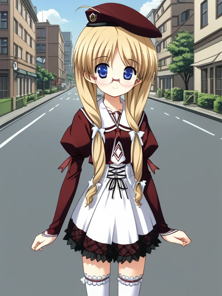 1girl, solo, yukiponeleeyes, blonde hair, long hair, low twintails, low-tied long hair, hair ribbon, ahoge, blue eyes, glasses, rimless eyewear, beret, kouryoukan_academy_school_uniform, white thighhighs, frilled thighhighs, shoes, outdoors, city, street, smile, cowboy shot,