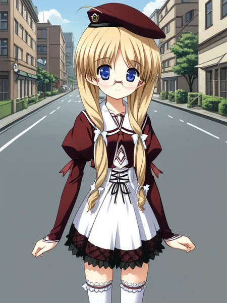 1girl, solo, yukiponeleeyes, blonde hair, long hair, low twintails, low-tied long hair, hair ribbon, ahoge, blue eyes, glasses, rimless eyewear, beret, kouryoukan_academy_school_uniform, white thighhighs, frilled thighhighs, shoes, outdoors, city, street, smile, cowboy shot,