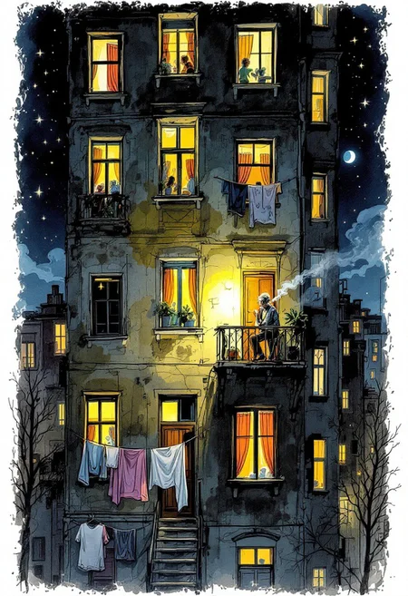 sketch, funny, humor, old apartment building at night, warm light in the windows, cozy colorful curtains, on the balcony old man smoking, hanging laundry, moon, drying underwear, stars, entourage, drawing, intricate details, quantum rendering, hyper-realistic, ultra-sharp, hyper-detailed, professional photoshoot, chiaroscuro lighting, full high scene view