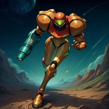 score_9, score_8 score_7, score_6_up, PrimeVaria, power_suit, Green_arm_cannon, helmet, 1_hand, space_background, metallic, dynamic_pose, 1girl, running,