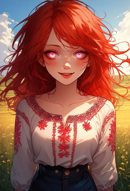 score_9, score_8_up, score_7_up, 8k uhd, masterpiece, best quality, high quality, absurdres, ultra-detailed, (highly detailed), OverallDetail, Expressiveh,
,
((( )))
,
(((1 girl, solo, frontal view, portrait shot)))
,
(Ketesh, red hair, messy hair, pink eyes)
,
((( Grain field, blue sky, sarcastic smile )))
,
((( Vyshyvanka, Ukrainian embroidered shirt, embroidered shirt, shirt, posing while standing)))