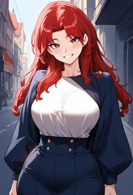 zPDXL3, score_9_up, score_8_up, score_7_up, (Anime_source), 1girl, SoYoomin, red eyes, red hair, long hair, cowboy shot, looking at viewer, smile, light blush, NFSW, red theme,