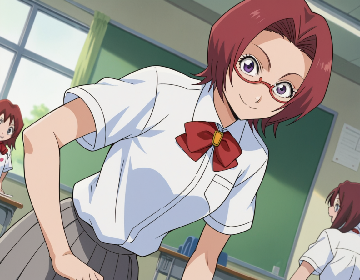 score_9, score_8_up, score_7_up, source_anime,
chizuruhonsho, <lora:chizuru-honsho-s1-ponyxl-lora-nochekaiser:1>,
chizuru honsho, short hair, red hair, purple eyes, glasses,
skirt, shirt, bow, school uniform, white shirt, short sleeves, pleated skirt, bowtie, red bow, red bowtie, grey skirt,
indoors, classroom, smile, bent over,
looking at viewer, dutch angle, cowboy shot,