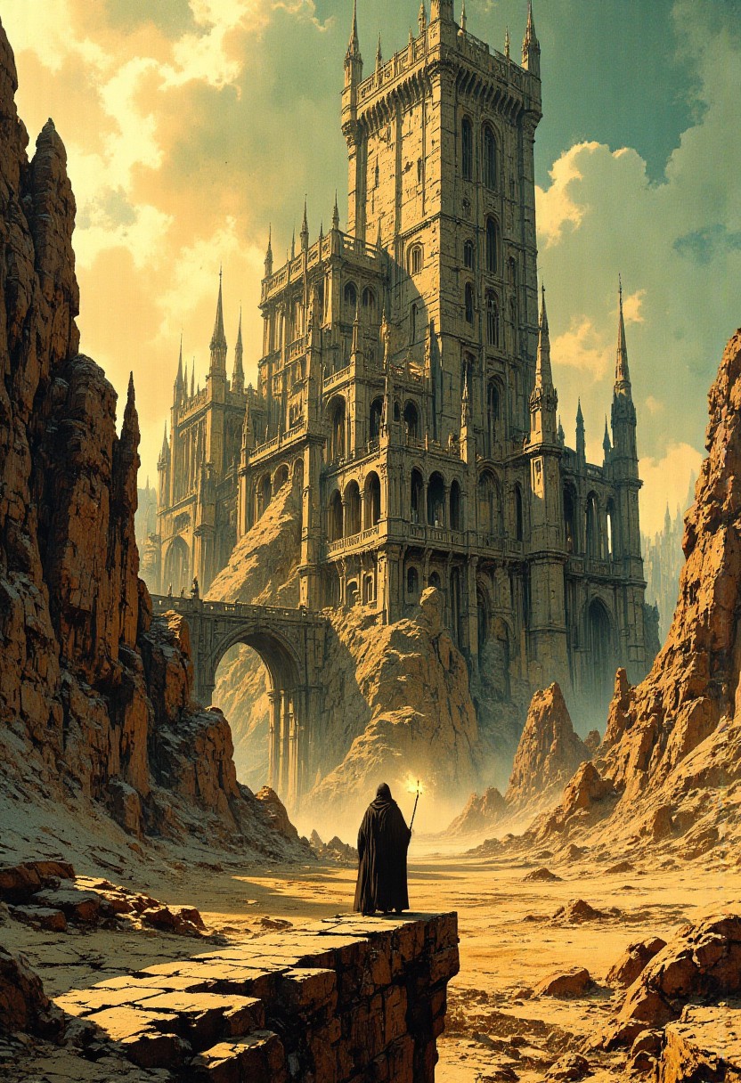 (style of jean delville). This is a highly detailed digital illustration in a fantasy art style. Imagine a surreal, post-apocalyptic landscape with a towering, gothic castle in the background. The castle, with its intricate spires and arches, is bathed in a warm, golden light, casting long shadows on the ground. The sky is a gradient of soft yellows and oranges, creating a dreamlike atmosphere. The ground below is cracked and barren, with deep fissures running across the dry, arid terrain. In the foreground, a lone figure stands, dressed in a dark, flowing cloak and hood, their identity obscured. The figure is small in comparison to the vast, desolate landscape. The overall color palette is dominated by warm, earthy tones, with the exception of the stark contrast of the figure's dark attire. The texture of the ground is rough and cracked, while the castle's stone walls have a smooth, polished appearance. The image is reminiscent of a fantasy or science fiction setting, with a blend of medieval and futuristic elements, creating a haunting and otherworldly scene. The overall composition is dynamic, with the figure's pose and the staff's light drawing the viewer's attention. The textures are rich and detailed, from the smoothness. Intricate, High Detail, Sharp focus, xijie-blue (green shades)