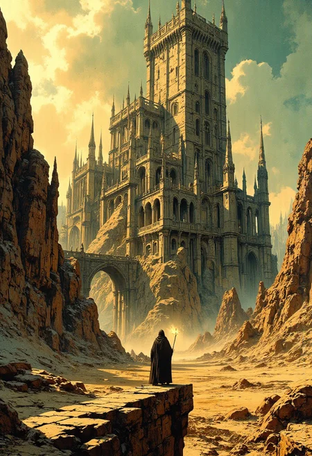 (style of jean delville). This is a highly detailed digital illustration in a fantasy art style. Imagine a surreal, post-apocalyptic landscape with a towering, gothic castle in the background. The castle, with its intricate spires and arches, is bathed in a warm, golden light, casting long shadows on the ground. The sky is a gradient of soft yellows and oranges, creating a dreamlike atmosphere. The ground below is cracked and barren, with deep fissures running across the dry, arid terrain. In the foreground, a lone figure stands, dressed in a dark, flowing cloak and hood, their identity obscured. The figure is small in comparison to the vast, desolate landscape. The overall color palette is dominated by warm, earthy tones, with the exception of the stark contrast of the figure's dark attire. The texture of the ground is rough and cracked, while the castle's stone walls have a smooth, polished appearance. The image is reminiscent of a fantasy or science fiction setting, with a blend of medieval and futuristic elements, creating a haunting and otherworldly scene. The overall composition is dynamic, with the figure's pose and the staff's light drawing the viewer's attention. The textures are rich and detailed, from the smoothness. Intricate, High Detail, Sharp focus, xijie-blue (green shades)