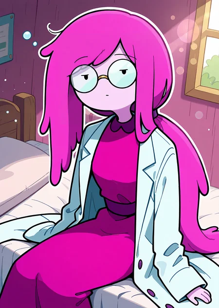 <lora:OMS_PB:1> <lora:AdventureTime_ILL:.8>  adventure time, oms_pb, dot eyes,1girl, slim, solo, colored hair, pink skin, swept bangs, low ponytail, long hair, big circular glasses, light blue glasses, lab_coat, pink dress,
amazing quality,very aesthetic,absurdres,newest,dutch angle, cowboy shot, blurred background, white outline, lens flare,
looking at viewer, sleepy,
bedroom, white bedsheets, sitting,