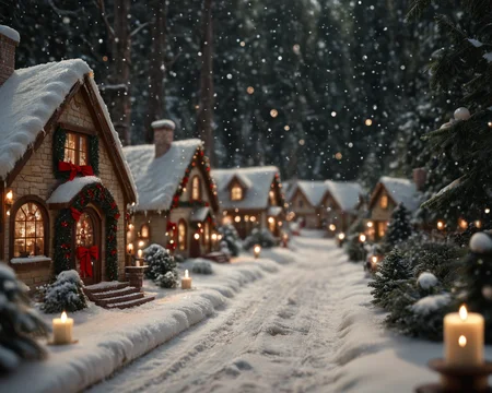 score_6_up,score_5_up,score_4_up, masterpiece, best quality, very aesthetic, life-like, depth of field, detailed textures, bright colors, natural light, ultra HD, fine details, soft background blur, <lora:Wolvies_Christmas_Village_STYLE_v241215.0040:1> xmas_village, holiday, Christmas, scenery, night, winter, Christmas tree, lamppost, a small village at night, at Christmas time, with candles in the windows, snow covered, falling snow, cozy look at feel, cheery, incredible quality, highly realistic, incredible detail, 32k, complex, photographic quality, masterpiece, best quality, very aesthetic,, Albumen print, 1800s, depth of field, tilt shift, cottage, storybook architecture, Thomas Kinkade style, tilt shift photography, shimmering lights, brilliant colors