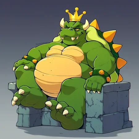 score_9, score_8_up, score_7_up, score_6_up, score_5_up, score_4_up, king koopa, turtle, furry, chubby, fat, green skin, yellow belly, reptile, crown, spiky shell, horns, spiky bracelets, three toes, castle background, dungeon scenery sitting on a throne, smilng