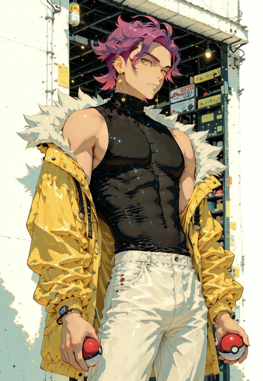 Masterpiece, best quality, male, man, very aesthetic, human, 1boy, solo, magenta hair, short hair, wearing a sleeveless black turtleneck, wearing a loose yellow jacket, white fur collar, wearing tight black pants, holding a pokeball, yellow eyes, one yellow earring on the left ear