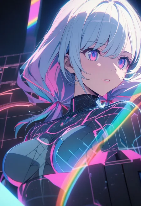 gorgeous lips, cinematic, (masterpiece), (best quality), (ultra-detailed), very aesthetic, illustration, perfect composition, intricate details, absurdres, detailed face, (anime, masterpiece, intricate:1.3), (best quality, hires textures, high detail:1.2), (4k),(incredibly detailed:1.4)
Hologram girl, hologram, no humans, outline only, wireframe, glowing wireframe, pretty girl, rainbow hologram, futuristic, transparent body, void body, only outline neon tube, twintails, low twintails, fluffy hair, rainbow colors, small wings, aesthetic grid, silhouette ,more_prism background, vibrant color, more_details:1.5