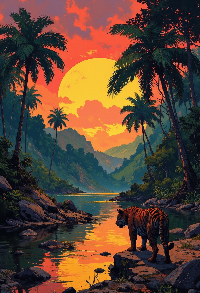 Paradise of Brazilian jungle side by sunset, 1tiger at riverside sneaks out of the jungle, reflection, shadowed Palms, best quality, realistic, whimsical, fantastic, splash art, intricate detailed, hyperdetailed, maximalist style, photorealistic, concept art, sharp focus, harmony, serenity, tranquility, mysterious glow, 
ambient occlusion, halation, cozy ambient lighting, dynamic lighting,a masterpiece, award winning, DB4RZ, DB4RZ style painting, NeoPigma, in the style of cksc,, anime, cyberpunk