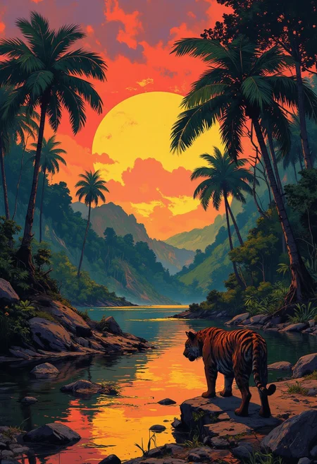 Paradise of Brazilian jungle side by sunset, 1tiger at riverside sneaks out of the jungle, reflection, shadowed Palms, best quality, realistic, whimsical, fantastic, splash art, intricate detailed, hyperdetailed, maximalist style, photorealistic, concept art, sharp focus, harmony, serenity, tranquility, mysterious glow,
ambient occlusion, halation, cozy ambient lighting, dynamic lighting,a masterpiece, award winning, DB4RZ, DB4RZ style painting, NeoPigma, in the style of cksc,, anime, cyberpunk