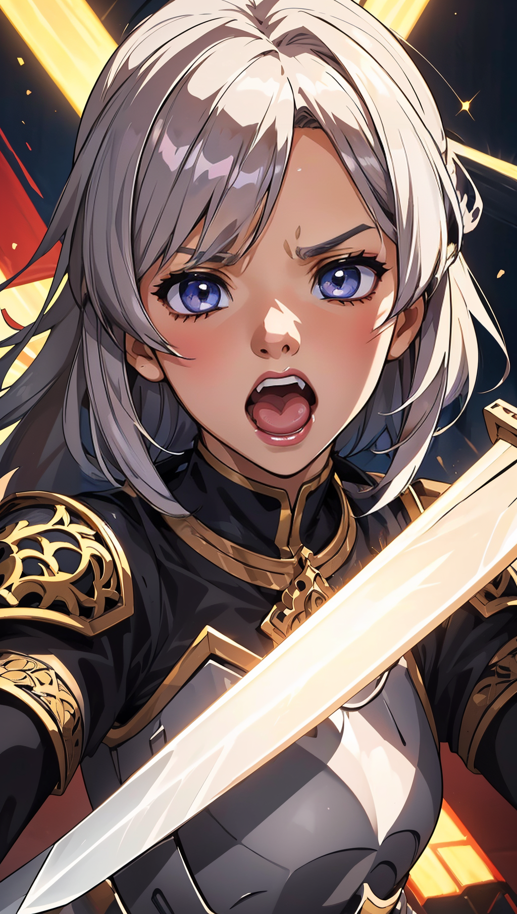 an illustration of a female paladin adorned in holy armor, wielding a sacred sword, furrowed brow, open mouth, teeth, 
masterpiece, best quality, intricate detail, high background detail, high contrast,   <lora:emotion_angry_slider_v1:1> anime screencap,
