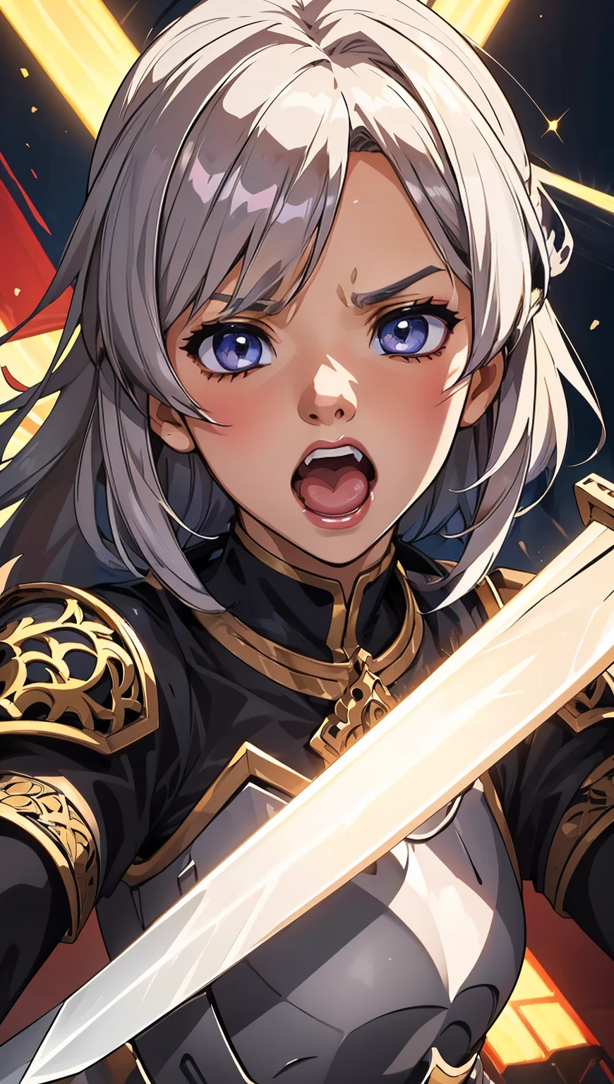 an illustration of a female paladin adorned in holy armor, wielding a sacred sword, furrowed brow, open mouth, teeth,
masterpiece, best quality, intricate detail, high background detail, high contrast, <lora:emotion_angry_slider_v1:1> anime screencap,