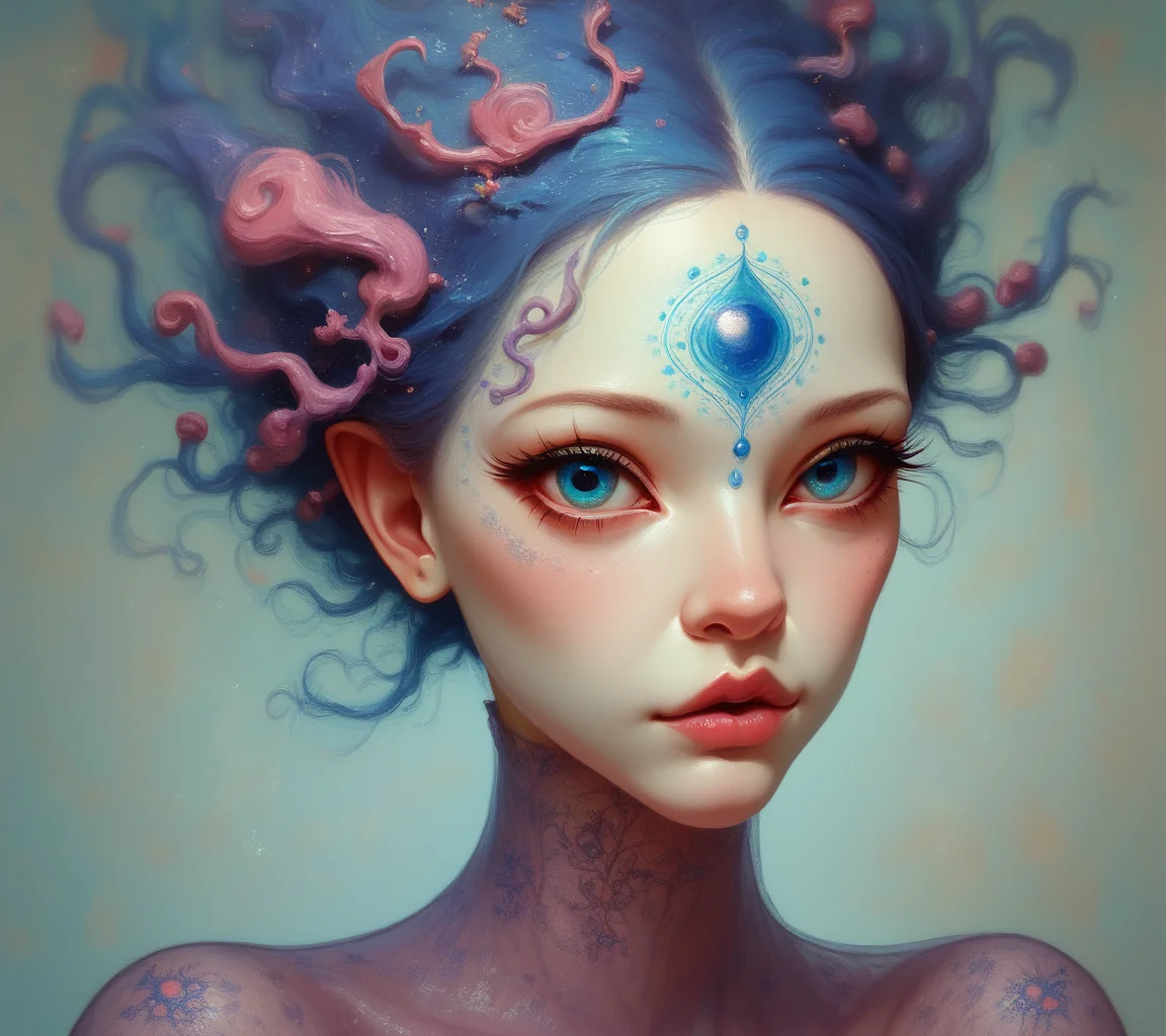 score_9, score_8_up, score_7_up, score_6_up, A digital painting captures the ethereal beauty of a mystical humanoid figure with translucent skin. Intricate patterns in shades of purple, blue, and pink are revealed beneath her pale complexion, while a striking blue mark on her forehead adds an air of mystery and otherworldliness to the highly detailed artwork., highly detailed, vivid <lora:ponys-dream:.9>