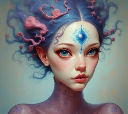 score_9, score_8_up, score_7_up, score_6_up, A digital painting captures the ethereal beauty of a mystical humanoid figure with translucent skin. Intricate patterns in shades of purple, blue, and pink are revealed beneath her pale complexion, while a striking blue mark on her forehead adds an air of mystery and otherworldliness to the highly detailed artwork., highly detailed, vivid <lora:ponys-dream:.9>