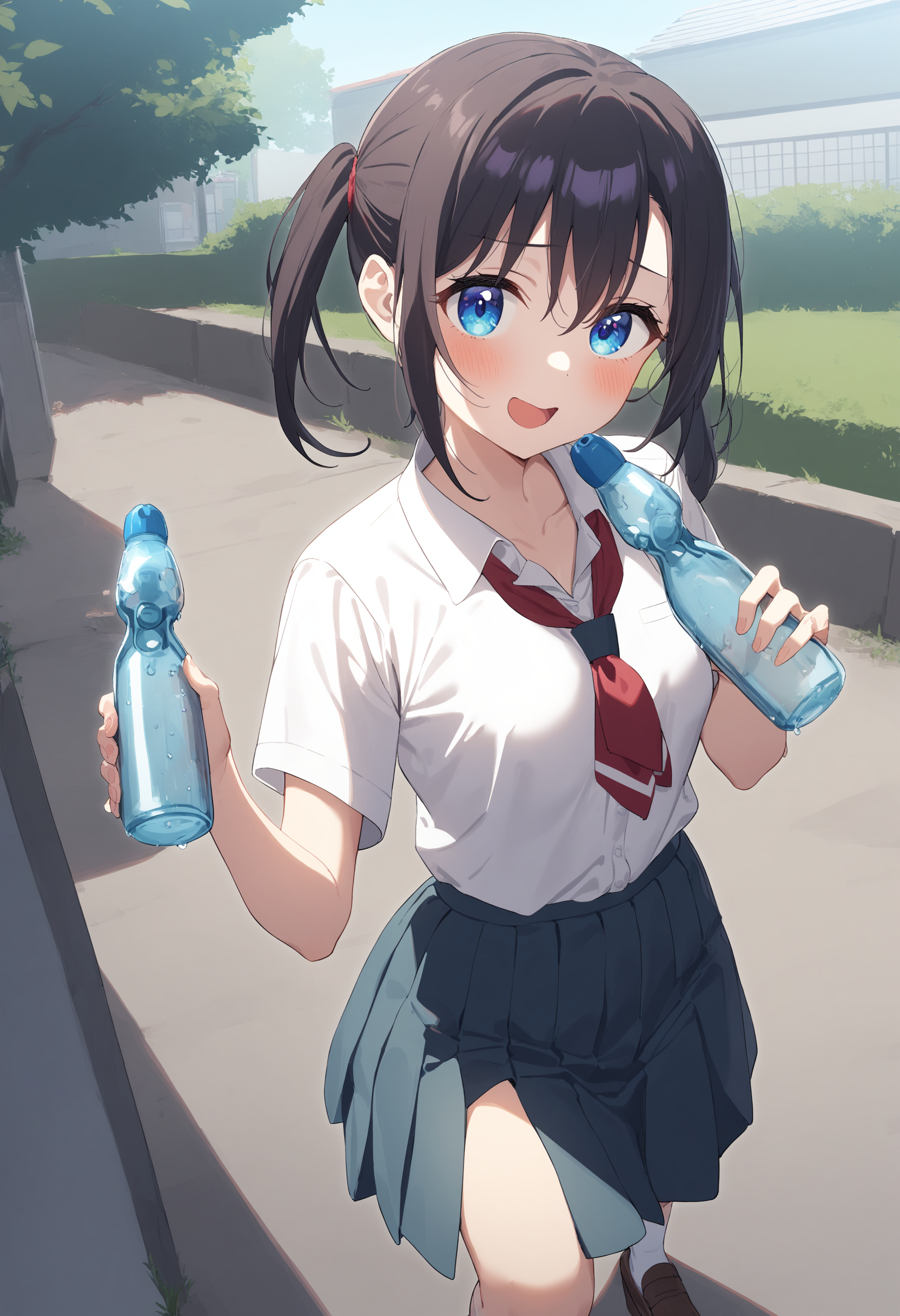 1girl,sincos, ningen mame, toosaka asagi,solo,medium breasts,school uniform,short sleeves,
ramune, holding bottle,<lora:ramune_XL_v1:0.9>
from above, cinematic angle, looking to the side, purple hair, white eyes,doyagao, scool courtyard, open mouth,
best quality, very aesthetic, absurdres