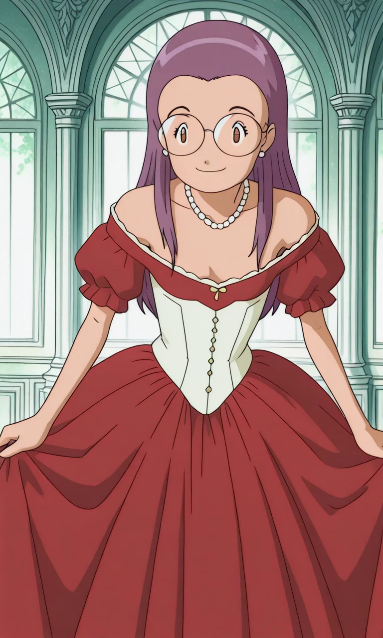 official style, anime screenshot, 1girl, solo, Digimon Adventure 02, yolei inoue, brown eyes, long hair, purple hair, round glasses, red ballgown, low neckline, white corset, puffy sleeves, off-shoulder, gems, pearls, baroque, pearl necklace, pearl earrings, elegant, ornate, smile, ballroom, skirt hold, curtsey, leaning forward, smile