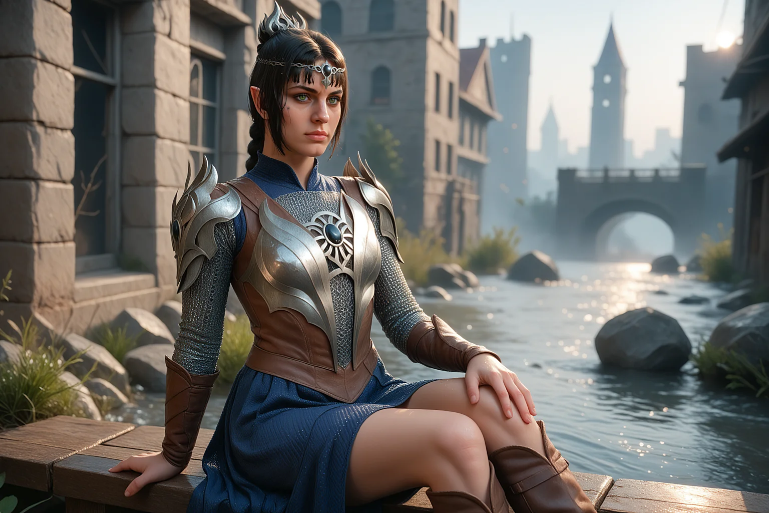5h4rt, cl3r1c, score_9, score_8_up, score_7_up, 1girl, cowboy shot, sitting, flood, wet, post-apocalyptic city, hyperrealistic, <lora:5h4rt:1.0>