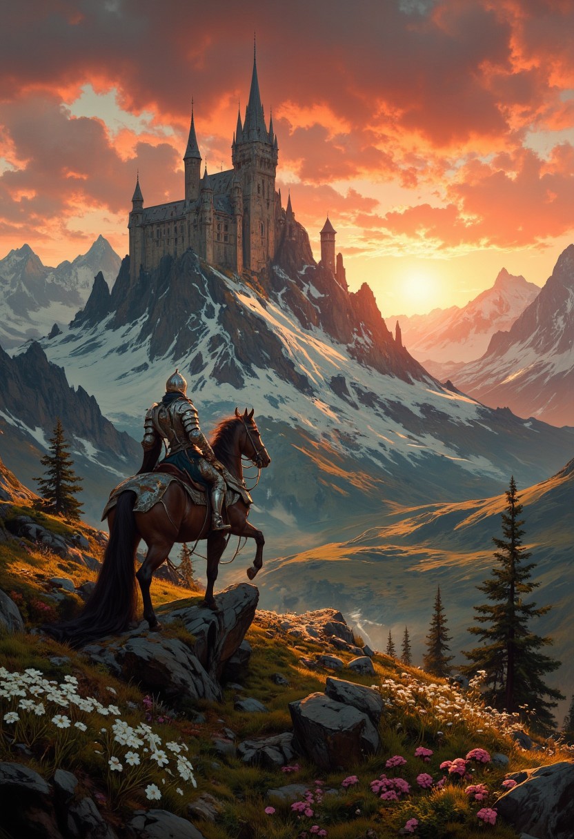 8k high quality digital painting , masterpiece, very detailed, ultra realistic, (best quality) very detailed epic masterpiece, 
unearthly beautiful, a breathtakingly beautiful landscape in the French Alps, in the foreground a shiny knight on his horse watches a beaqutiful castle in the distance, the low yellow-red sun casts long shadows, enchanting landscape, fairytale-like, calm mood, flowers in the foreground, realistic