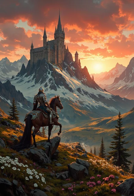 8k high quality digital painting , masterpiece, very detailed, ultra realistic, (best quality) very detailed epic masterpiece, 
unearthly beautiful, a breathtakingly beautiful landscape in the French Alps, in the foreground a shiny knight on his horse watches a beaqutiful castle in the distance, the low yellow-red sun casts long shadows, enchanting landscape, fairytale-like, calm mood, flowers in the foreground, realistic