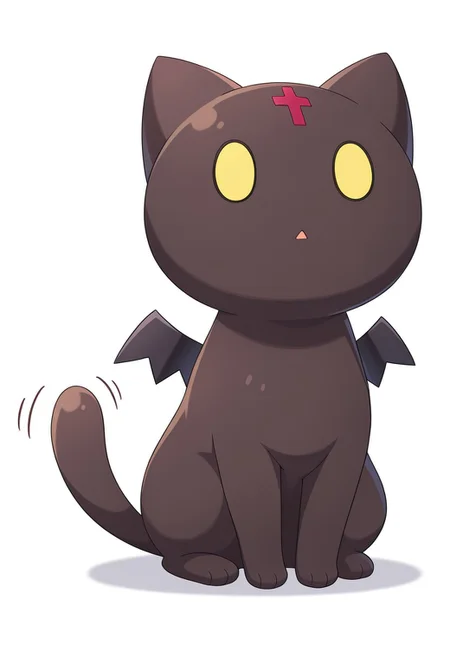 masterpiece, best quality, amazing quality, solo, (cat:1.2), small tail, Chomusuke-Liver020, brown cat, yellow eyes, brown cat, black cat, no human, red cross, animal, animal focus, cat focus, bat wings, small tail, white background, simple background, KonosubaFantasticDays-Liver020, chomosuke