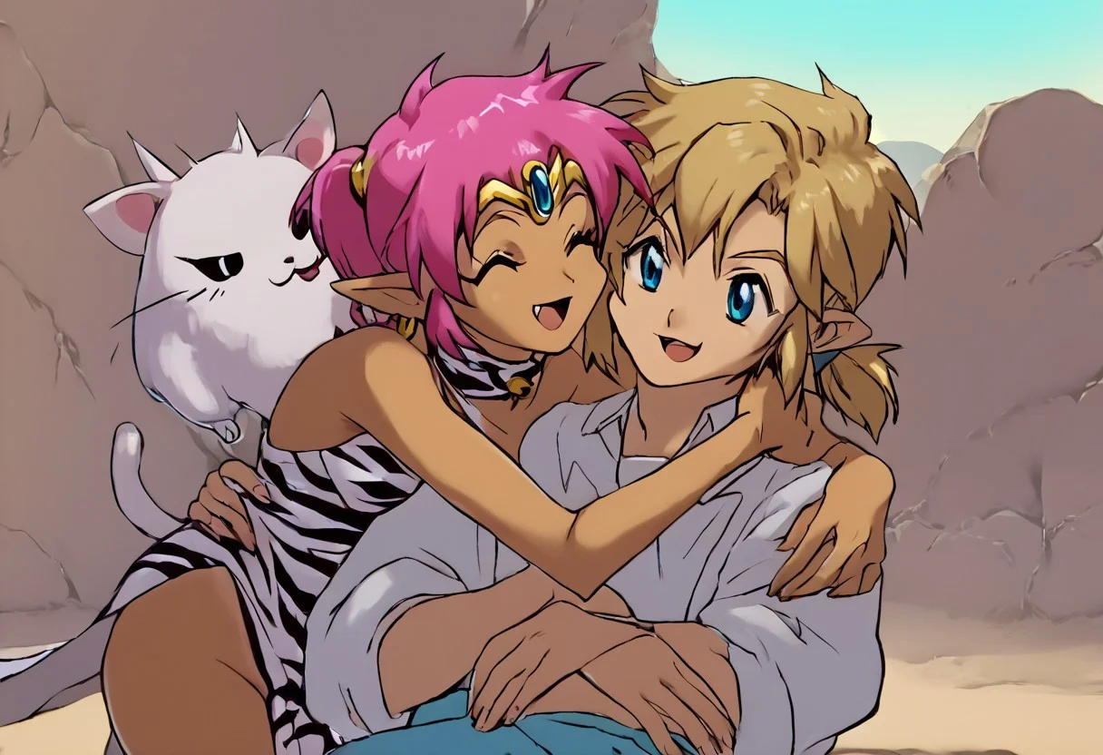 score_9, score_8_up, score_7_up, score_6_up, 1990s_(Style), Anime_Coloring, masterpiece, source_anime screenshot, trio, 2 girls, 1 boy, vivid colors, anime style, cartoon anime, source_anime, high-res, beautiful aesthetic, very intricate, high-quality details, vibrant, highly detailed, award-winning, professional, sleek and shiny, <lora:pink-ponyxl-v2:1>, single fang showing, sleeveless dress, white tiger print dress, pelvic curtain, cleavage, white cat ears, cat bell necklace, bright pink hair, tanned, white tiger tail, red sash, small breasts, leather shoes, detailed eyes, green eyes, detailed face, laughing, BREAK score_9, score_8_up, score_7_up, score_6_up, Masterpiece, source_anime, anime style, 2 girls, 1 boy, vivid colors, high-res, beautiful aesthetic, very intricate, high-quality details, vibrant, highly detailed, award-winning, professional, <lora:ShantaeStyle1XL-08:0.7>, ShantaeStyle1XL, tanned, curvy, shapely hips, break, link1, link, pointy ears, blonde hair, blue eyes, medium hair, side locks, earrings, short ponytail, blue hylian tunic, smiling
Break
Beach with crashing waves on a sunny day, god rays in sky, sun shining, pink link and shantae hugging, score_9, score_8_up, score_7_up, kiss76, (1boy:1.3), 2girls, standing, hugging, posing, wide open beach area, front view, cowboy shot, whimsical