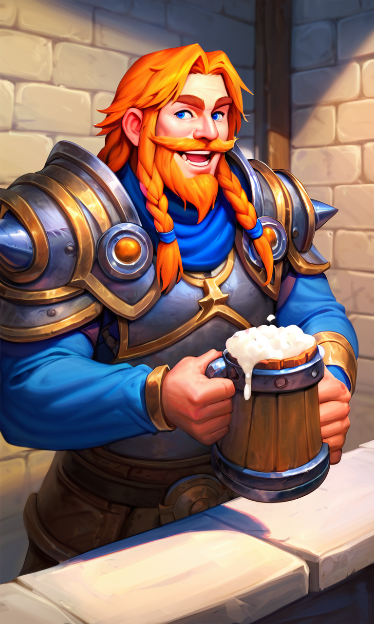 score_9, score_8_up, score_7_up, BREAK, soure_safe, solo, long hair, smile, open mouth, blue eyes, 1boy, holding, braid, male focus, teeth, orange hair, armor, cup, muscular, facial hair, thick eyebrows, shoulder armor, holding cup, beard, alcohol, mug, mustache, thumbs up, brick wall, beer, beer mug, barrel, hearthstonestyle, unreal engine, digital illustration, concept art, artstation <lora:HearthStoneStyle_v1:0.8>