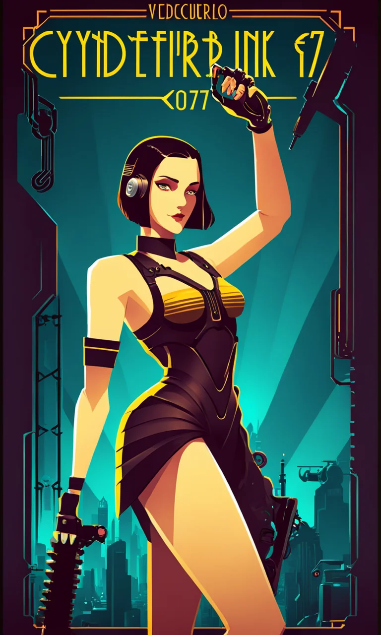 art deco style poster, illustration of cyberpunk girl with mechanical arm, Text:" Cyberpunk 2077", <lora:artdecopostsdxl:1>,