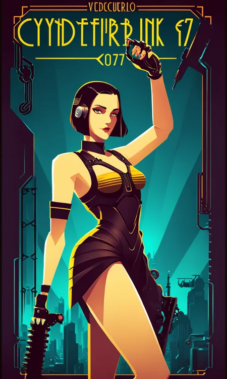 art deco style poster, illustration of cyberpunk girl with mechanical arm, Text:" Cyberpunk 2077", <lora:artdecopostsdxl:1>,