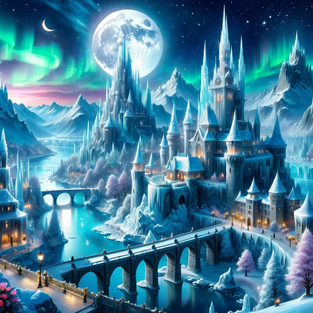 Masterpiece,8k,absurd resolution,I
ImaginaryCityScapes,icy city,flower,outdoors,sky,water,tree,night,moon,building,star (sky),night sky,scenery,full moon,starry sky,crystal,mountain,city,fantasy,bridge,castle,tower,aurora
,<lora:City_scapes_XL:0.45>