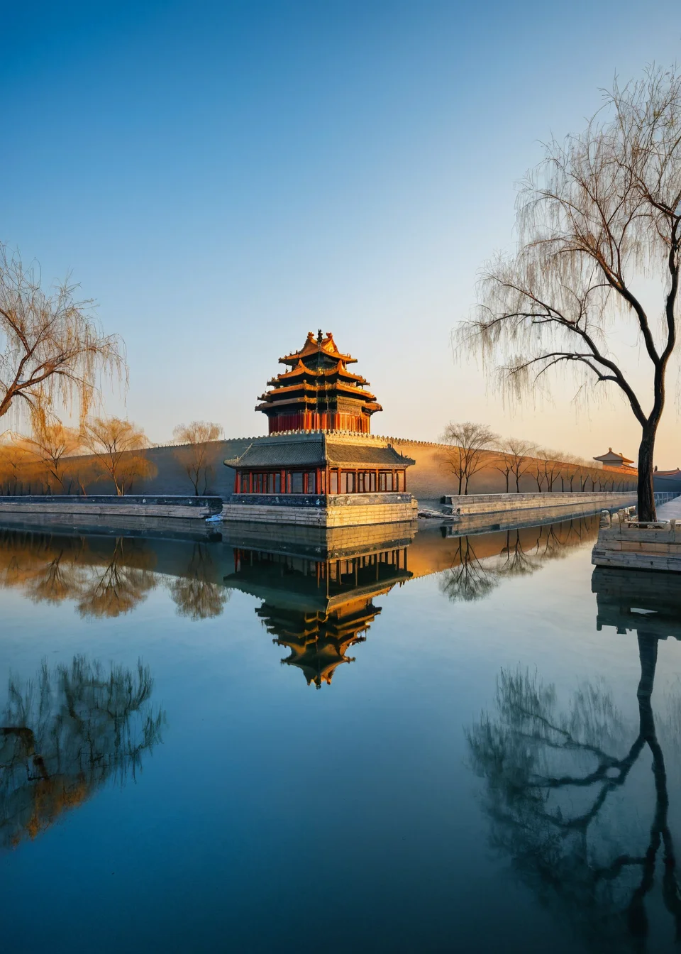<lora:æå®«:1>,The Forbidden City,no humans,
The image showcases a serene and tranquil scene,presumably during the early morning or late afternoon. The sky is painted in hues of blue,with a subtle gradient of colors,suggesting either dawn or dusk. The central focus is a traditional East Asian architectural structure,possibly a pagoda or temple,with intricate details and multiple tiers. It's situated by a reflective water body,which mirrors the structure's silhouette. The surrounding area is lined with bare trees,and a bridge can be seen in the distance,connecting two parts of the landscape. The overall ambiance of the image is calm,with the beauty of nature and historical architecture combined.,, masterpiece, best quality,