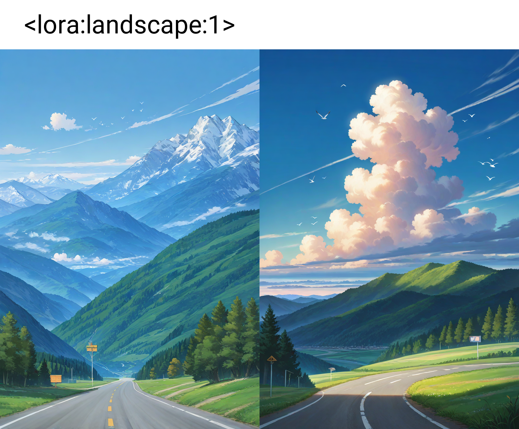 outdoors,mountain,scenery,road,sky,day,no humans,cloud,tree,blue sky,sign,bird,mountainous horizon,nature,
very awa,masterpiece,best quality,absurdres,newest,perfect quality,detailed background,intricate details,<lora:landscape:1>,
Negative prompt: EasyNegative,(bad anatomy:1.2),bad proportions,bad perspective,(bad quality, worst quality,low quality:1.2),(jpeg artifacts:1.2),lowres,blurred,duplicate,multiple people,multiple views,montage,cropped,error,extra digit,fewer digits,(text, subtitles, watermark, artist name, signature, logo, letterboxed, speech bubble),(monochrome, greyscale),3d,sketch,symbol,spoken,woman,girl,female,(deformed, distorted, disfigured),intertwined limbs,intertwined fingers,missing limbs,missing legs,missing arms,missing hands,extra limbs,extra legs,extra arms,extra hands,mutant limbs,mutant arms,mutant hands,mutant fingers,bulge,
Steps: 20, Sampler: Euler a, Schedule type: Automatic, CFG scale: 6, Seed: 1585475545, Size: 832x1216, Model hash: 1fece4700f, Model: homosimileXL_v30NAIXLEPSV11, Lora hashes: "landscape: 3900550ea5b1", Version: f2.0.1v1.10.1-previous-659-gc055f2d4