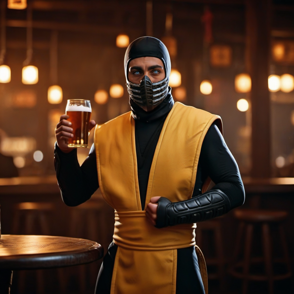 cinematic photo a ninja 1boy with a mask, white eyes, having a beer in a pub  <lora:Scorpion1995-1024:0.8> . 35mm photograph, film, bokeh, professional, 4k, highly detailed