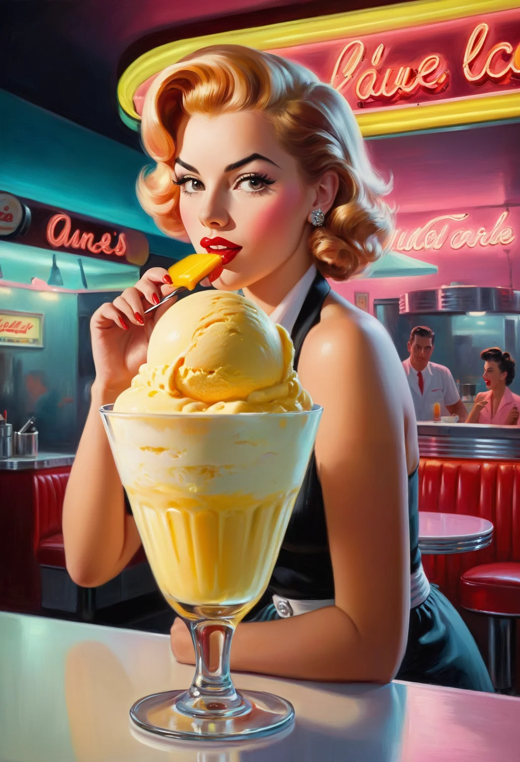 Hyperrealistic painting, a delicious mango ice cream sorbet in a glass, pinup waitress in the background, 50s diner with neon lighting, 8k, amazing composition, masterpiece, award winning art, oil on canvas, insanely detailed, looks like an 8k photograph