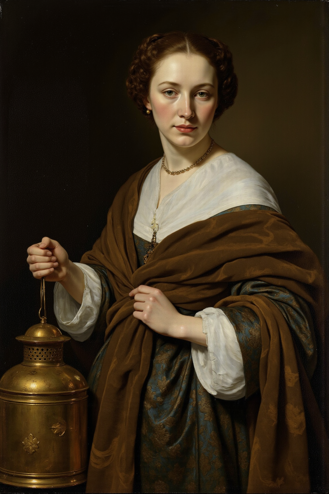 yfg-p@int, Masterpiece painting of a woman holding a lantern, captured with a digital brush on a Wacom Cintiq tablet. Set the lighting to soft, warm natural light, reminiscent of the Golden Age of Dutch art. The composition should focus on the use of chiaroscuro, with deep shadows and dramatic highlights that create a sense of depth and volume. Adjust the brushstrokes to be expressive and textured, evoking the loose, impasto style of Rembrandt. Set the color palette to muted earth tones, with rich blues and golden yellows used sparingly to add warmth and depth. The subject's gaze should be cast downward, lost in thought, as if reflected in a pool of light. The play of shadows on the subject's face and hands can add a sense of mystery and introspection to the painting.