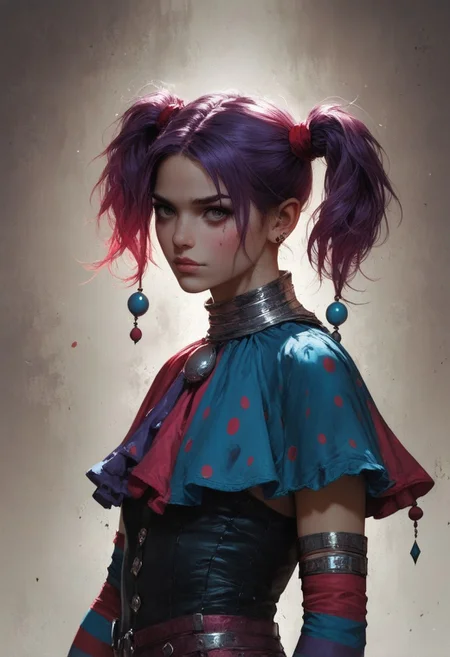 score_9, score_8_up, score_7_up, score_6_up, 1 woman, jester, mischievous character, lowkey, fantasy, young, gorgeous, extremely detailed, high quality, realistic, beautiful eyes, jester's outfit, pale skin, thick violet hair, short hair, ponytails, dark theme, low light, from hip up, mystic background, (masterpiece, best quality, highly detailed, realistic), muted color, closed mouth