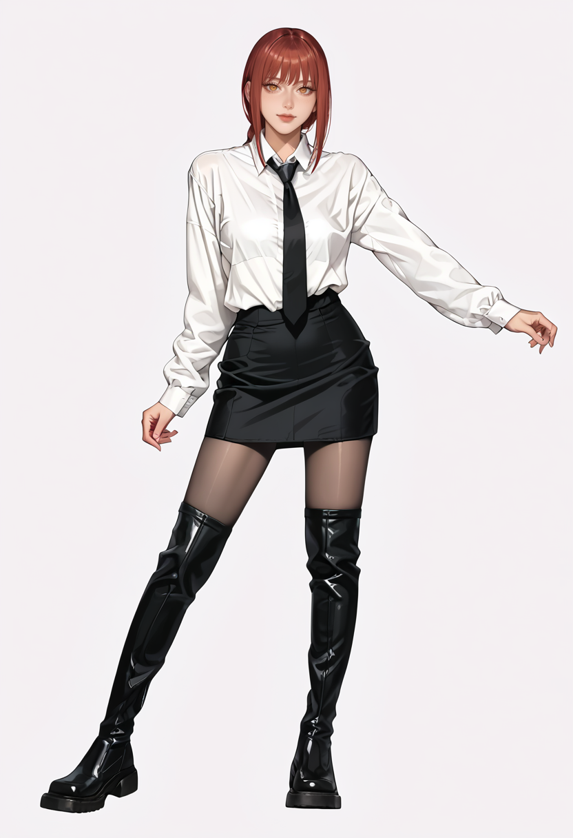 score_9,score_8_up,score_7_up,full body,1girl,solo,makima \(chainsaw man\),standing,erotic pose,sexy pose,white collared shirt,necktie,black pencil skirt,pantyhose,pantyhose under boots,looking at viewer,<lora:IzayoiLycoXL:0.8> BREAK <lora:SUGARCUBEâ¡-000008:1:lbw=CLOTHG>,5ugarcu8e,thigh boots,square toe,black footwear,leather BREAK simple background,white background,sharp focus,