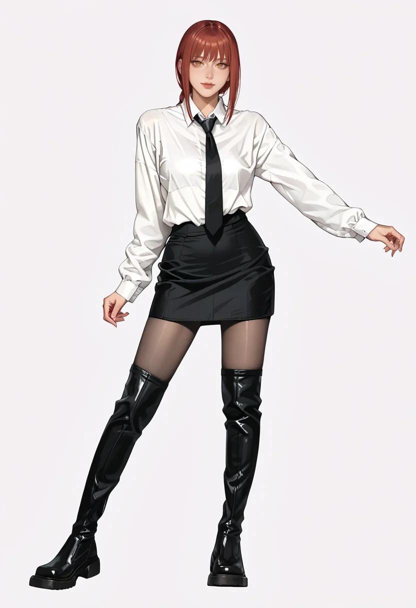 score_9,score_8_up,score_7_up,full body,1girl,solo,makima \(chainsaw man\),standing,erotic pose,sexy pose,white collared shirt,necktie,black pencil skirt,pantyhose,pantyhose under boots,looking at viewer,<lora:IzayoiLycoXL:0.8> BREAK <lora:SUGARCUBEâ
¡-000008:1:lbw=CLOTHG>,5ugarcu8e,thigh boots,square toe,black footwear,leather BREAK simple background,white background,sharp focus,