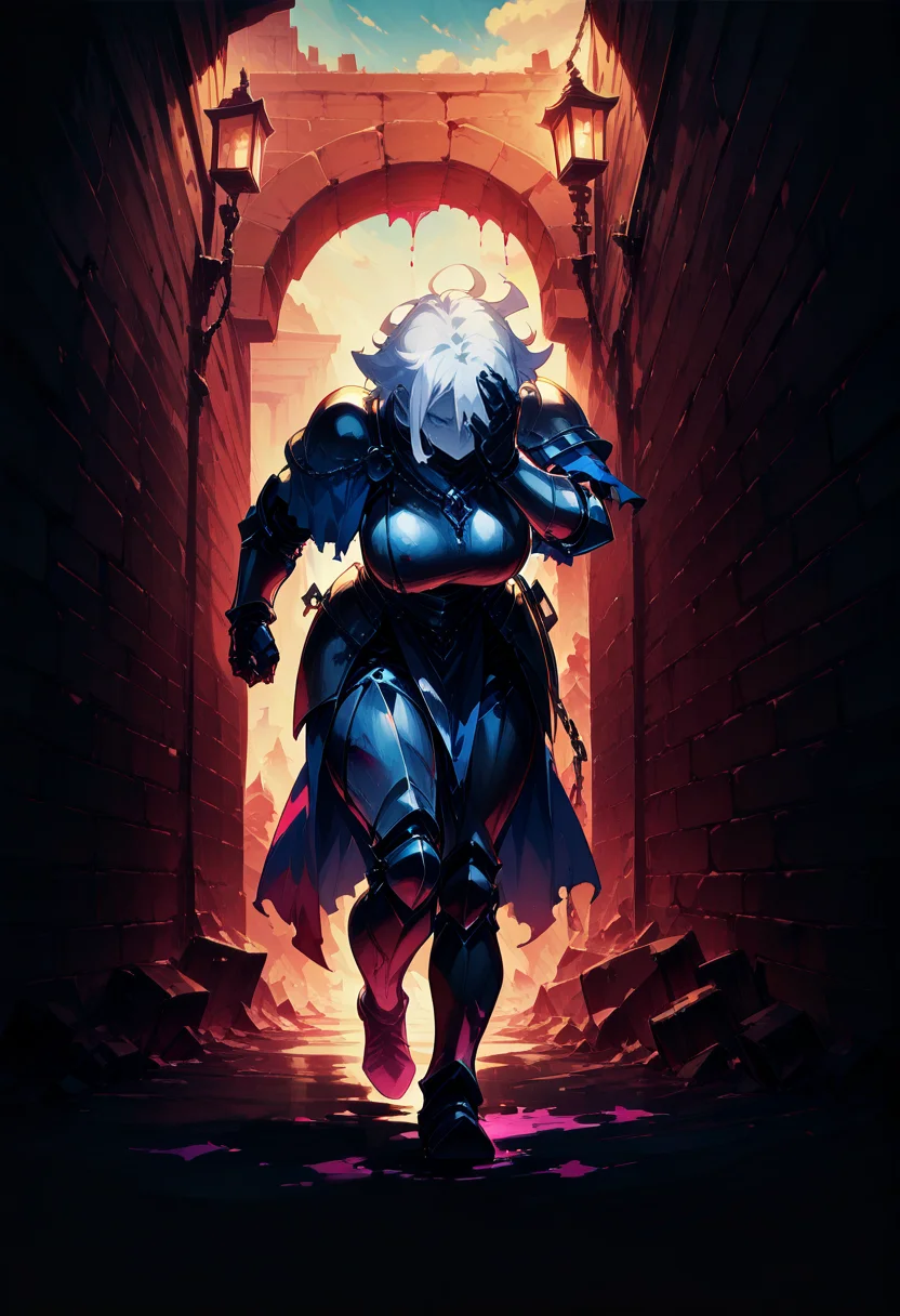 1girl, cyan hair, short hair, messy hair, tri tails, white eye, huge breasts, skinny,
BREAK 1girl, leaning forward, running, facepalm,
BREAK armor, gauntlets, chain, capelet, armored dress, dungeon, gas lanterns, brick wall, bloody background, splattered blood, (fantasy, medieval, ancient),
BREAK safe, masterpiece, best quality, very aesthetic, absurdres, highres, newest, <lora:ponyv5_noobV065S_1_adamW:0.7>, <lora:lora:0.4>, <lora:Unstable_v1.0_f:1>