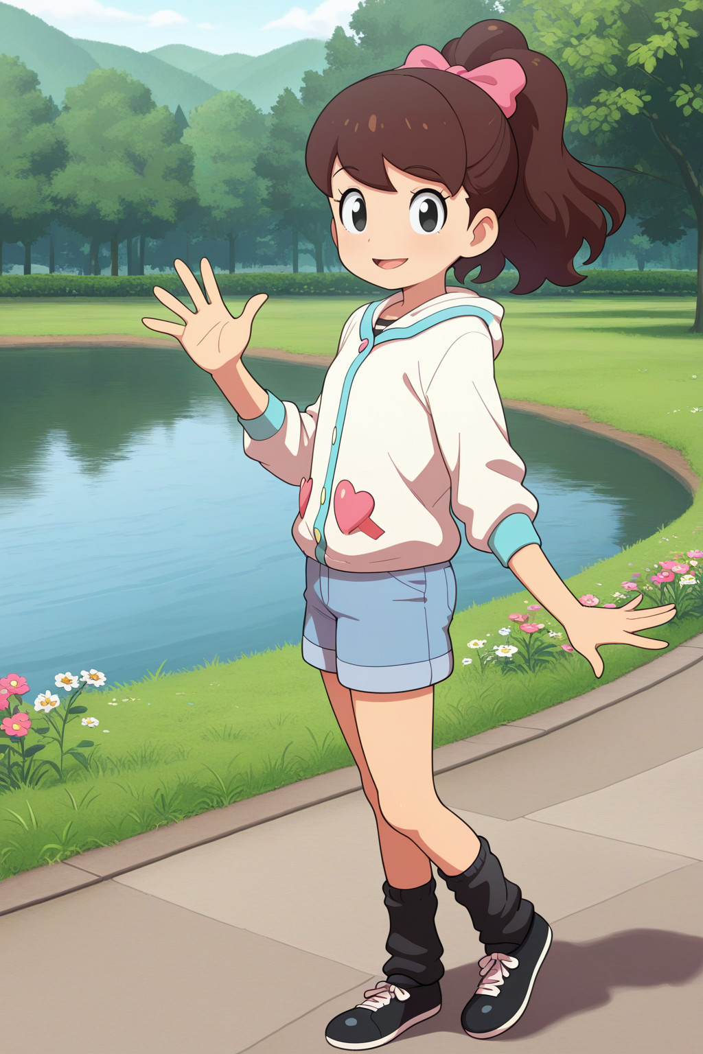 masterpiece, best quality, amazing quality, absurdres, kodamafumika, brown hair, high ponytail, solo, smile, waving, looking at viewer, white jacket, (heart patch:0.2), blue shorts, black ankle warmers, black shoes, outdoors, park, lake, grass, flowers