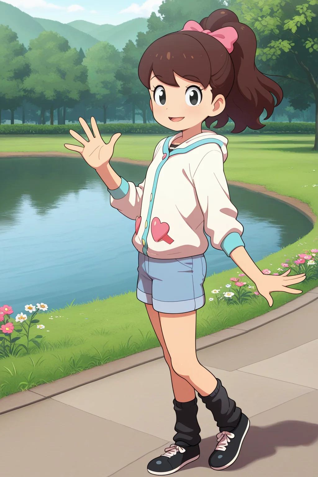 masterpiece, best quality, amazing quality, absurdres, kodamafumika, brown hair, high ponytail, solo, smile, waving, looking at viewer, white jacket, (heart patch:0.2), blue shorts, black ankle warmers, black shoes, outdoors, park, lake, grass, flowers