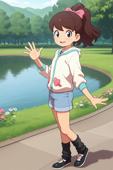 masterpiece, best quality, amazing quality, absurdres, kodamafumika, brown hair, high ponytail, solo, smile, waving, looking at viewer, white jacket, (heart patch:0.2), blue shorts, black ankle warmers, black shoes, outdoors, park, lake, grass, flowers