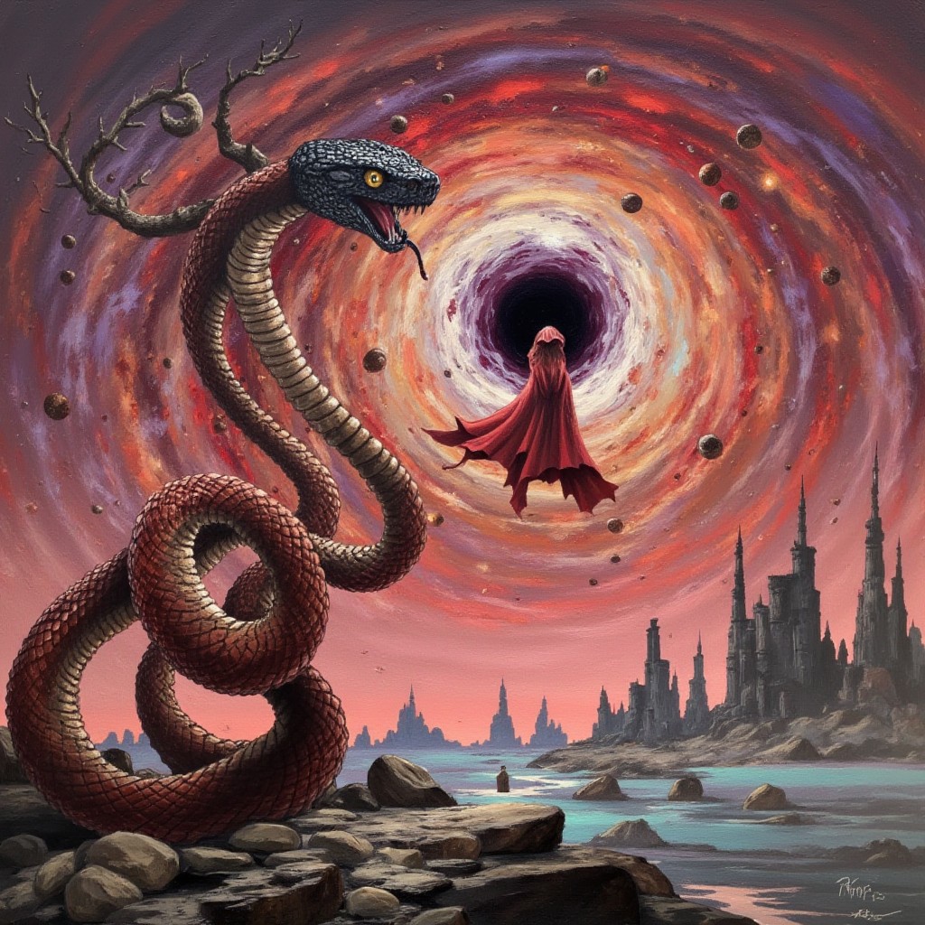 The snakes's body is a dark, supernatural appearance. In the distance, primarily red, This image is a painting rendered in a surreal, a tall, purple, with intricate scale details in warm earthy tones of brown and beige.  The snake's body seems to be emerging from a swirling vortex of colors, textured style with a weathered, and pinks, post-apocalyptic landscape. The scene is dominated by a dramatic, ethereal environment with a horizon that blends into the sky. stationary background