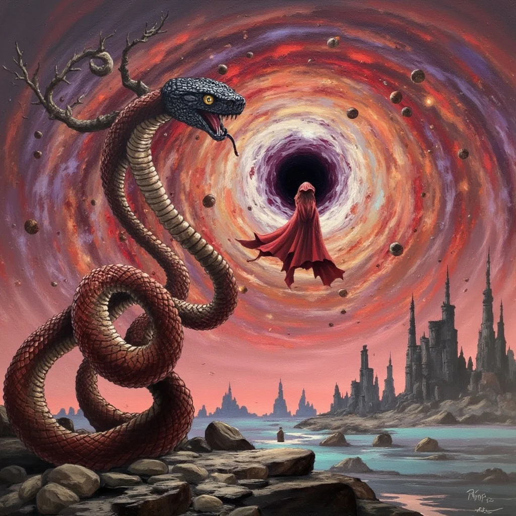 The snakes's body is a dark, supernatural appearance. In the distance, primarily red, This image is a painting rendered in a surreal, a tall, purple, with intricate scale details in warm earthy tones of brown and beige. The snake's body seems to be emerging from a swirling vortex of colors, textured style with a weathered, and pinks, post-apocalyptic landscape. The scene is dominated by a dramatic, ethereal environment with a horizon that blends into the sky. stationary background